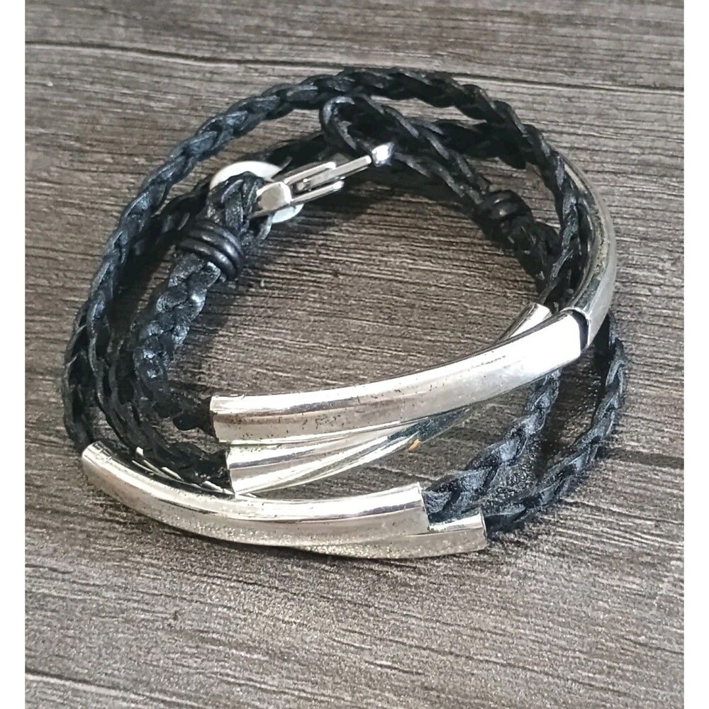Lizzy James Leather Wrap With Silver Tone Crescents Wrap Bracelet
